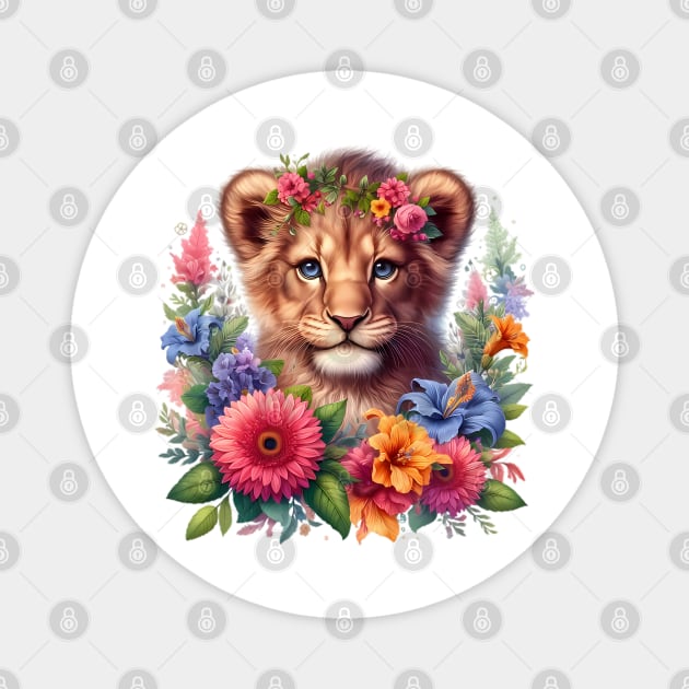 A baby lion decorated with beautiful colorful flowers. Magnet by CreativeSparkzz